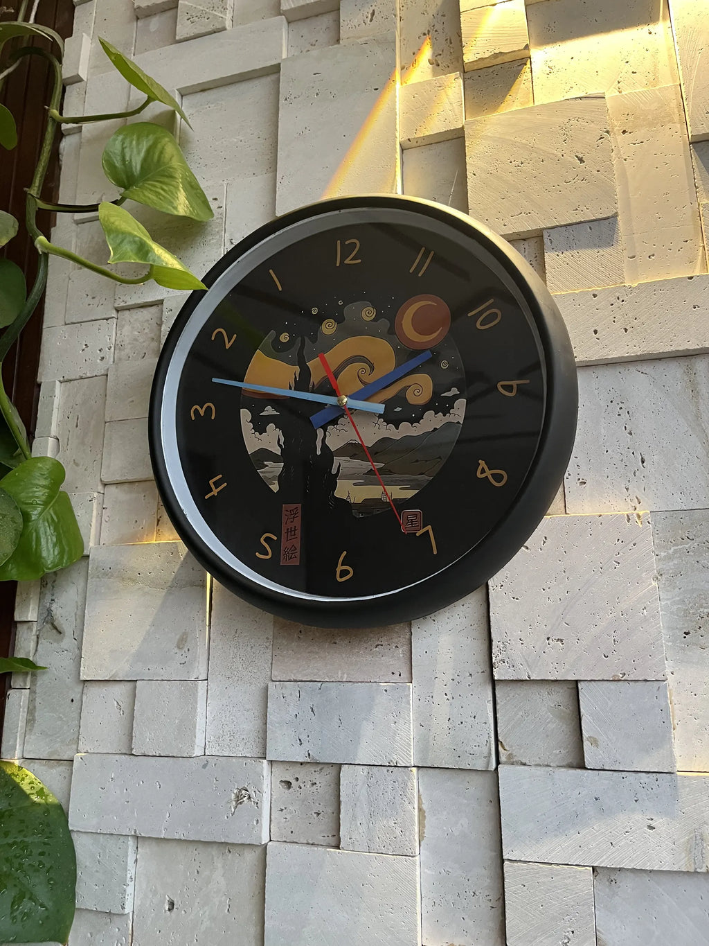 Starry Night reverse clock close up showing swirling blue and yellow brushstroke dial